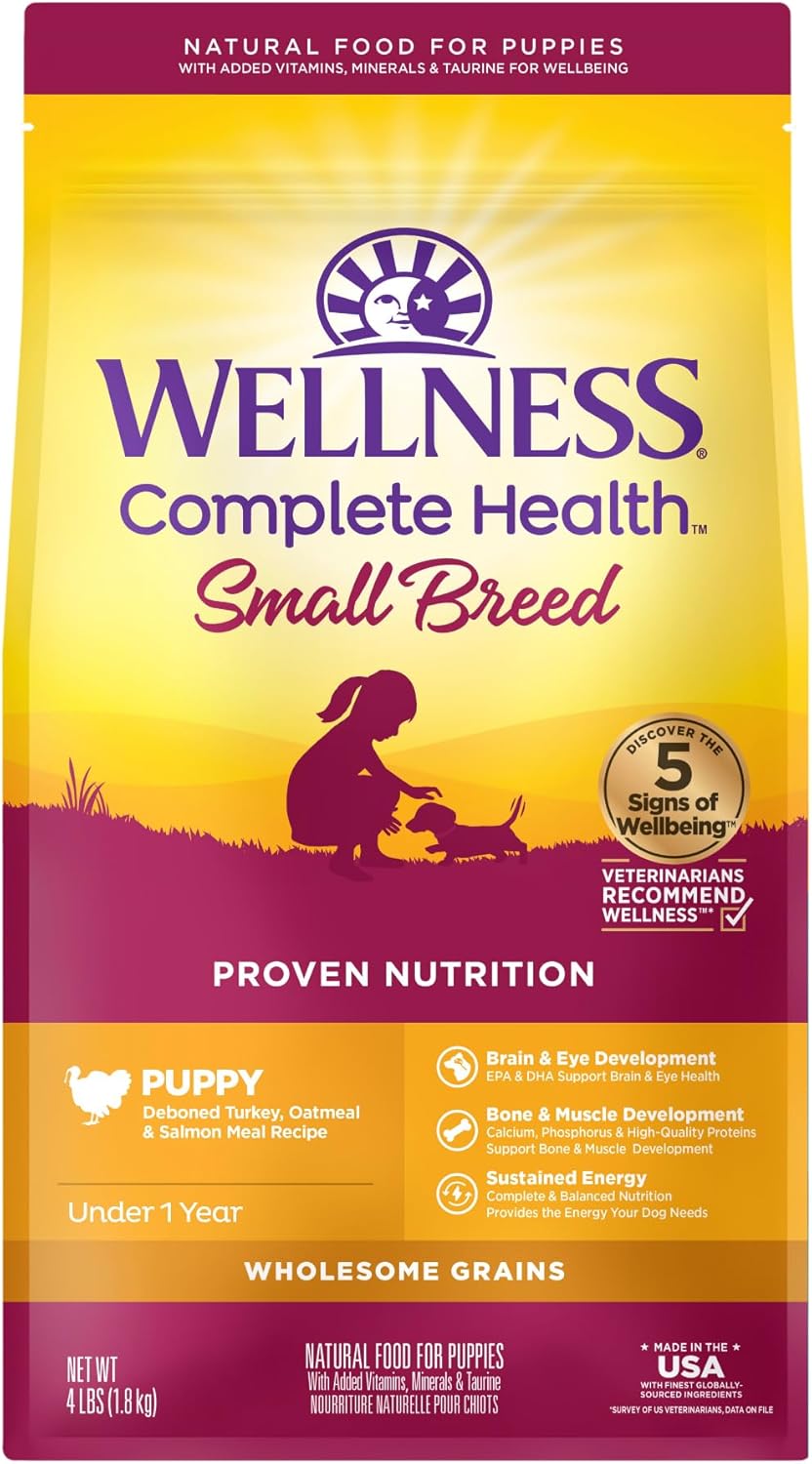 Wellness Complete Health Small Breed Dry Dog Food With Grains, Natural Ingredients, Made In Usa With Real Turkey, For Dogs Up To 25 Lbs. (Puppy, Turkey, Salmon & Oatmeal, 4-Pound Bag)