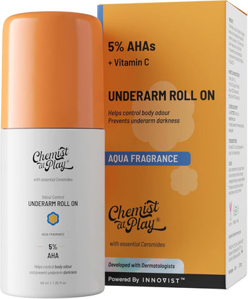 Chemist At Play Brightening Roll On For Neck, Knee & Elbow With 6% Vitamin C+ Hyaluronic Acid, Ahas, Niacinamide, & Ceramides | Helps Reduction In Pigmentation & Hydrates Dry Skin | 40Ml