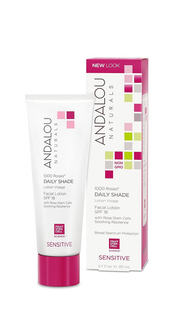 Andalou Naturals 1000 Roses Daily Shade Facial Lotion with SPF 18, 2-in-1 Hydrating & Soothing Moisturizer & Face Sunscreen, Broad Spectrum Protection, Hypoallergenic for Sensitive Skin, 2.7 Fl Oz