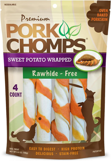 Pork Chomps Baked Pork Skin Dog Chews, 6-Inch Twists, Real Sweet Potato Wrap, 4 Count