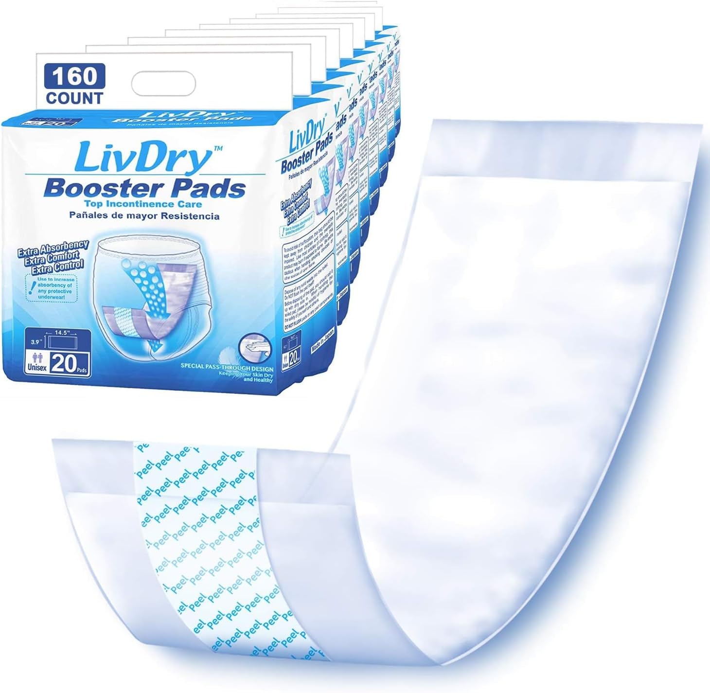 Livdry Incontinence Booster Pads, Use With Adult Diapers For Women And Men, Extra Comfort Softness, Disposable Pad (160 Count, Regular Length)