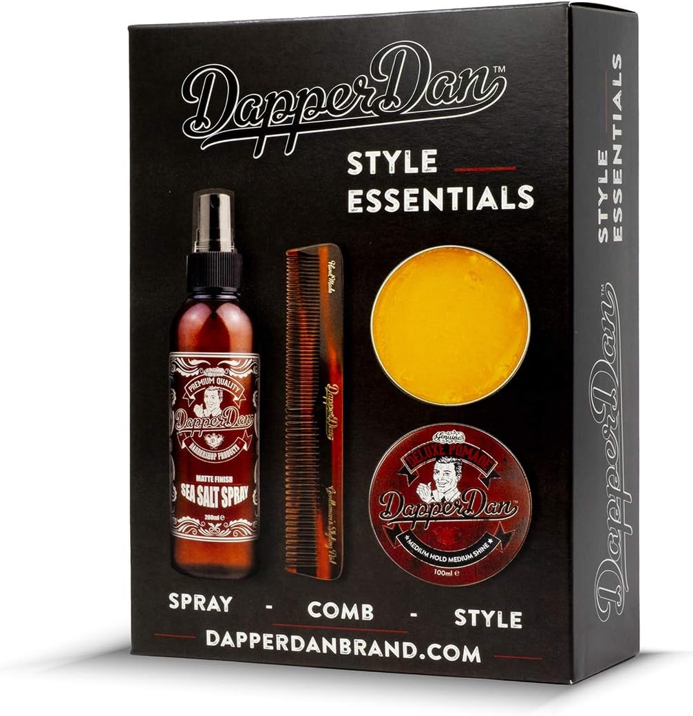 Dapper Dan Style Essentials Gift Pack, With Medium Hold Medium Shine Deluxe Pomade 100Ml, Texturising Sea Salt Spray 200Ml And Hand Made Styling Comb