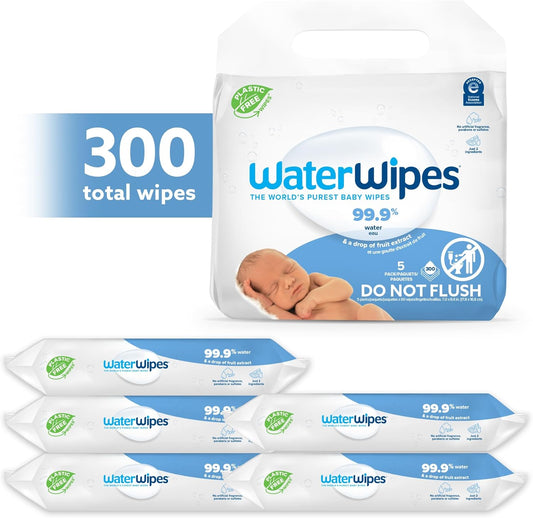 Waterwipes Plastic-Free Original Baby Wipes, 99.9% Water Based Wipes, Unscented & Hypoallergenic For Sensitive Skin, 300 Count (5 Packs)