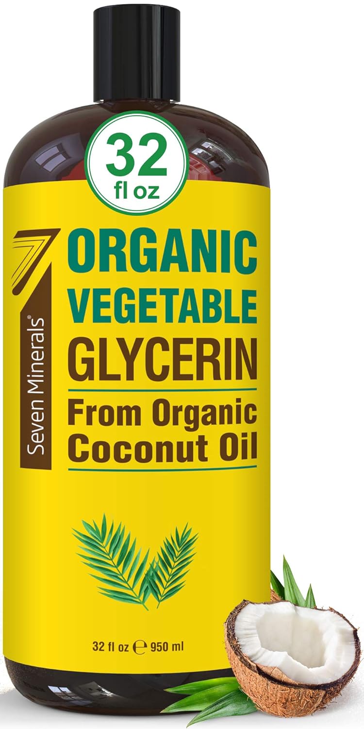 Seven Minerals, Organic Vegetable Glycerin - Big 32 fl oz Bottle - No Palm Oil, Made with Organic Coconut Oil - Therapeutical Grade Glycerine for DIYs - Hair, Nails & Skin Moisturizer - Non-Gmo