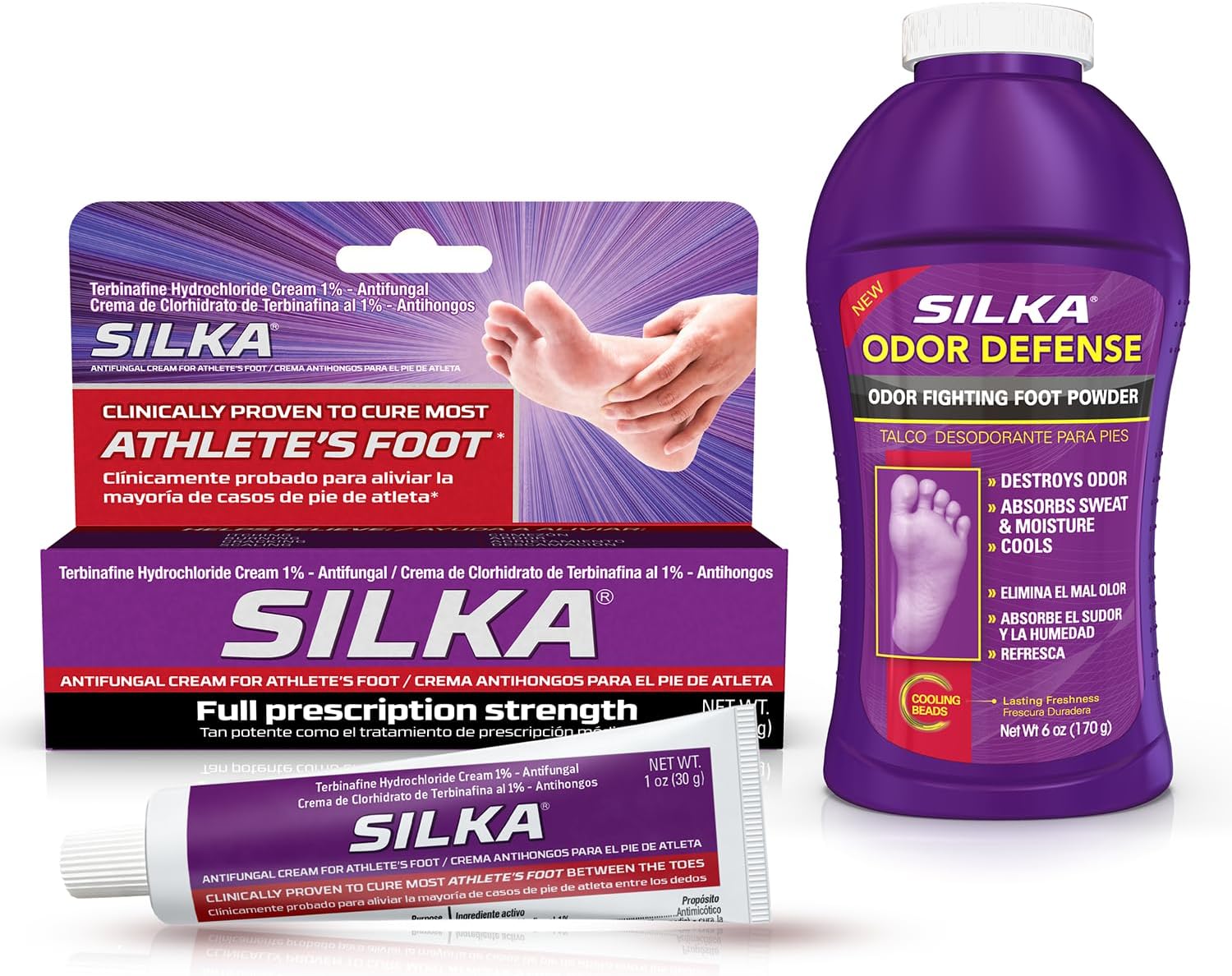 Silka Anti-Fungal Care Bundle: Maximum Strength Cream For Fast-Acting Relief From Jock Itch, Ringworm, & Foot Fungus, 1 Oz + Odor Fighting Foot Powder & Shoe Deodorizer, 6 Oz