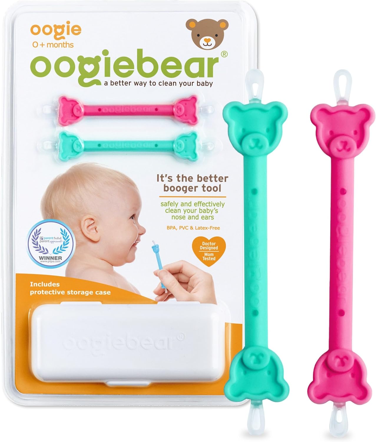 oogiebear: Baby Nose Cleaner & Ear Wax Removal Tool - Safe Booger & Earwax Removal for Newborns, Infants, Toddlers - Dual-Ended - Essential Baby Stuff, Diaper Bag, Raspberry & Seafoam with case