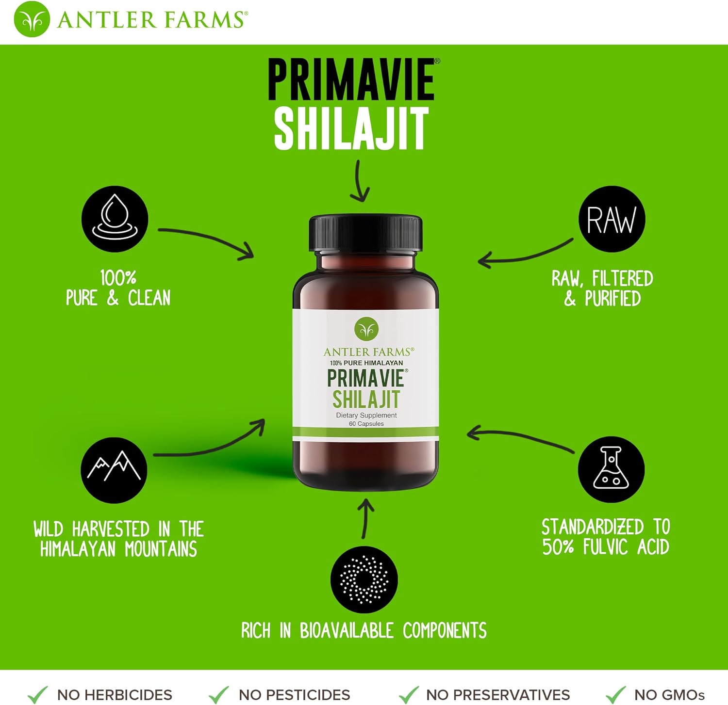 Antler Farms - 100% Pure Primavie Shilajit For Men Extract, 60 Capsules, 250Mg – Standardized To 50% Fulvic Acid, Wild Harvested Resin From The Himalayas, Powerful Adaptogenic Supplement : Health & Household