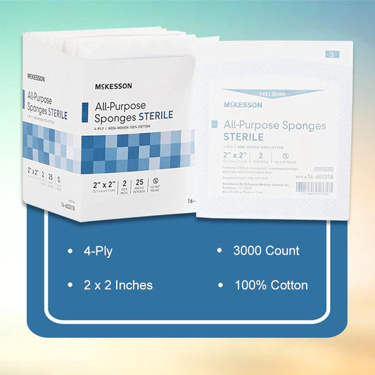 Mckesson All Purpose Sponges, Sterile, 4-Ply, 100% Cotton, 2 In X 2 In, 2 Per Pack, 25 Packs, 50 Total