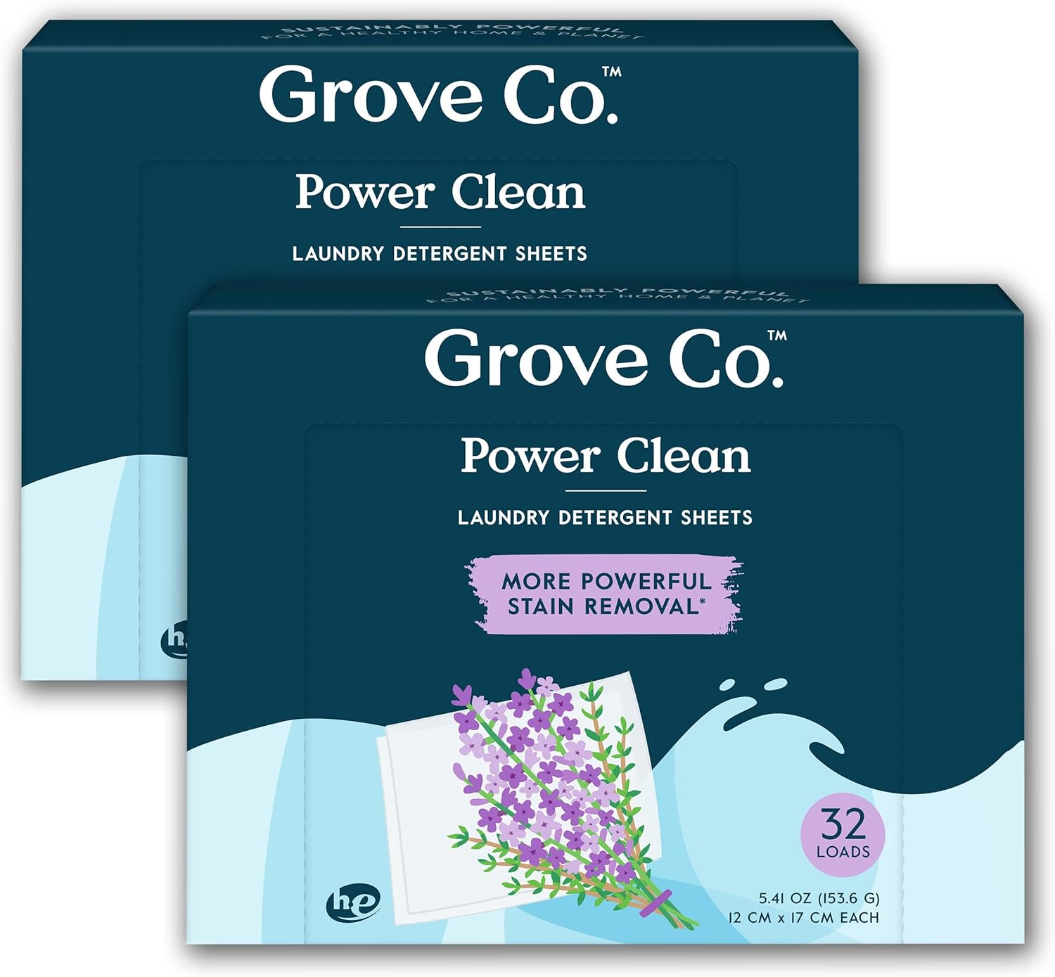 Grove Co. Laundry Detergent Sheets, Power Clean Dissolving Washer Sheets (2 Pack - 64 Loads) Tough Stain Remover, 100% Natural Lavender Blossom & Thyme Fragrance