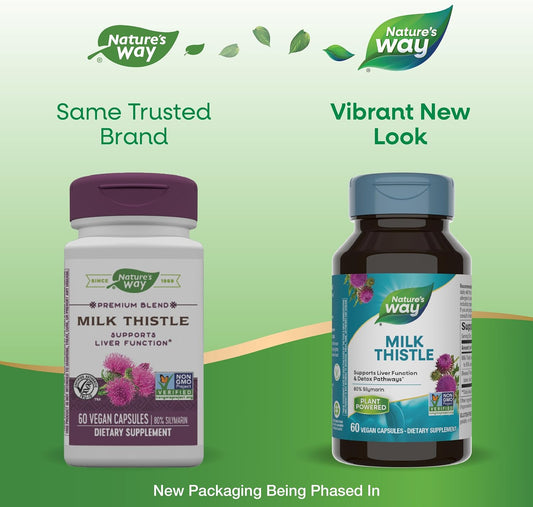 Nature'S Way Milk Thistle, Supports Liver Function & Detox Pathways*, 175 Mg Milk Thistle Seed Extract Standardized To 80% Silymarin Per Serving, Vegan, 60 Capsules (Packaging May Vary)