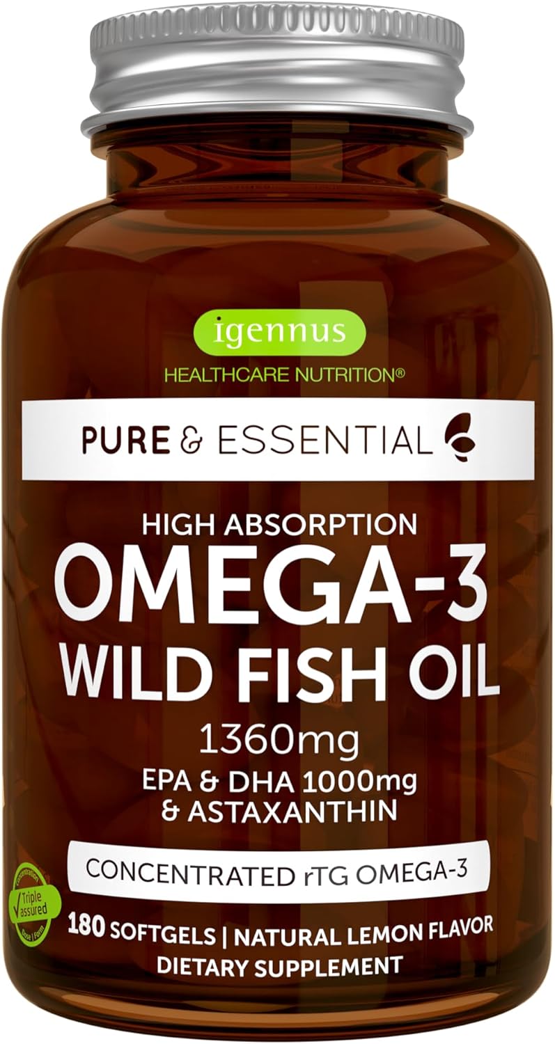 Igennus Ultra Pure Omega 3 Triglyceride Rtg Wild Fish Oil 1360Mg, Ifos Certified, For Women & Men, Fatty Acids Epa & Dha 1000Mg & Astaxanthin, Non-Gmo, 180 Softgels