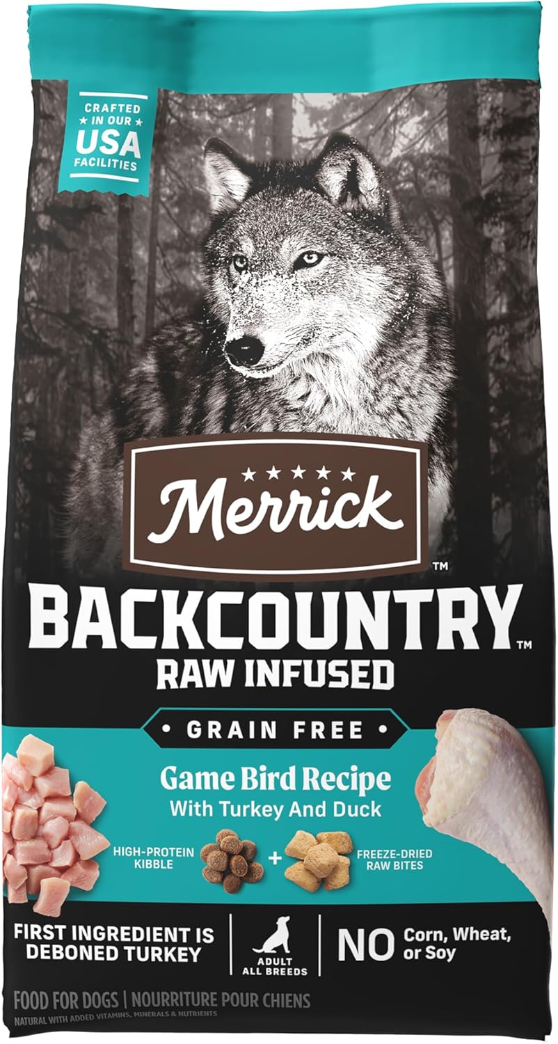 Merrick Backcountry Grain Free Dry Adult Dog Food, Kibble With Freeze Dried Raw Pieces, Game Bird Recipe - 20.0 Lb. Bag