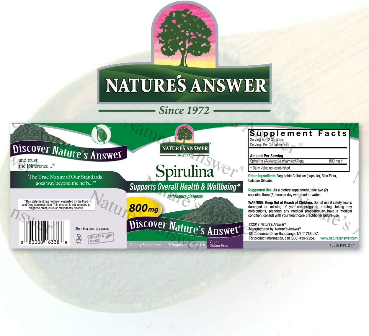 Nature's Answer Spirulina Herbal Powder Capsules 90 Count | Natural Immune Support | Pre Biotic | Rich in Fiber, Proteins, Antioxidants and Vitamins