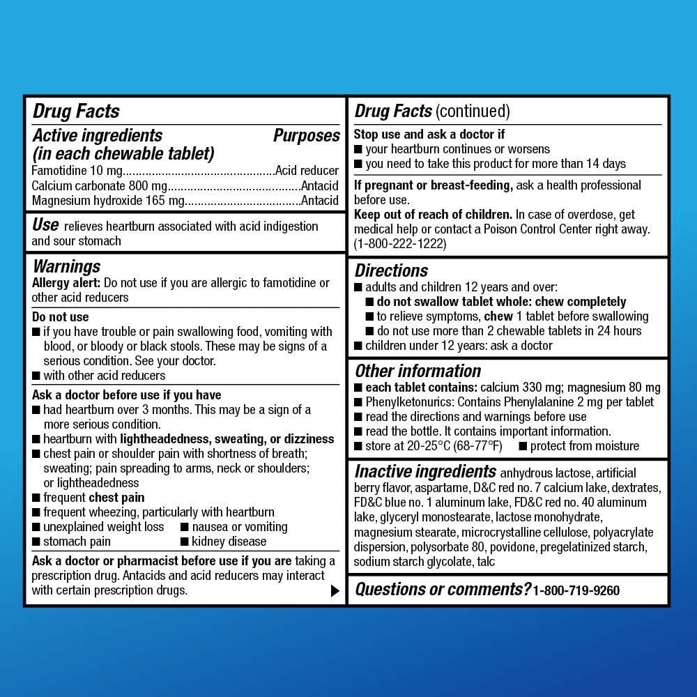 Care Dual Action Complete, Chewable Acid Reducer Plus Antacid Tablets, Berry Flavor, Heartburn Medicine, Acid Indigestion Relief, 50 Count : Health & Household