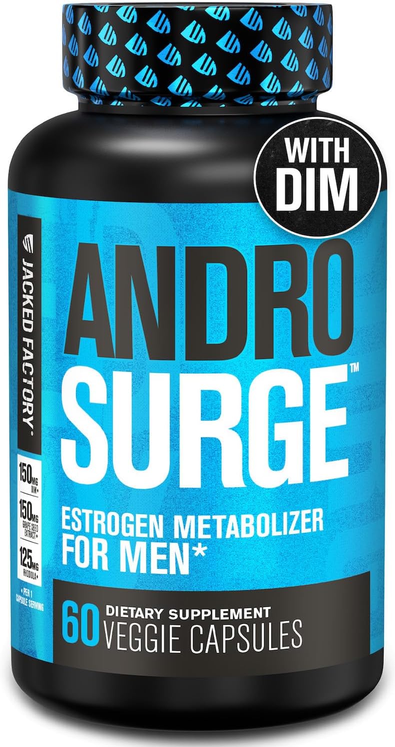 Androsurge Estrogen Blocker For Men - Natural Muscle Builder For Men With Dim, Long Jack, & Grape Seed Extract For Increased Vitality & Performance - 60 Veggie Pills