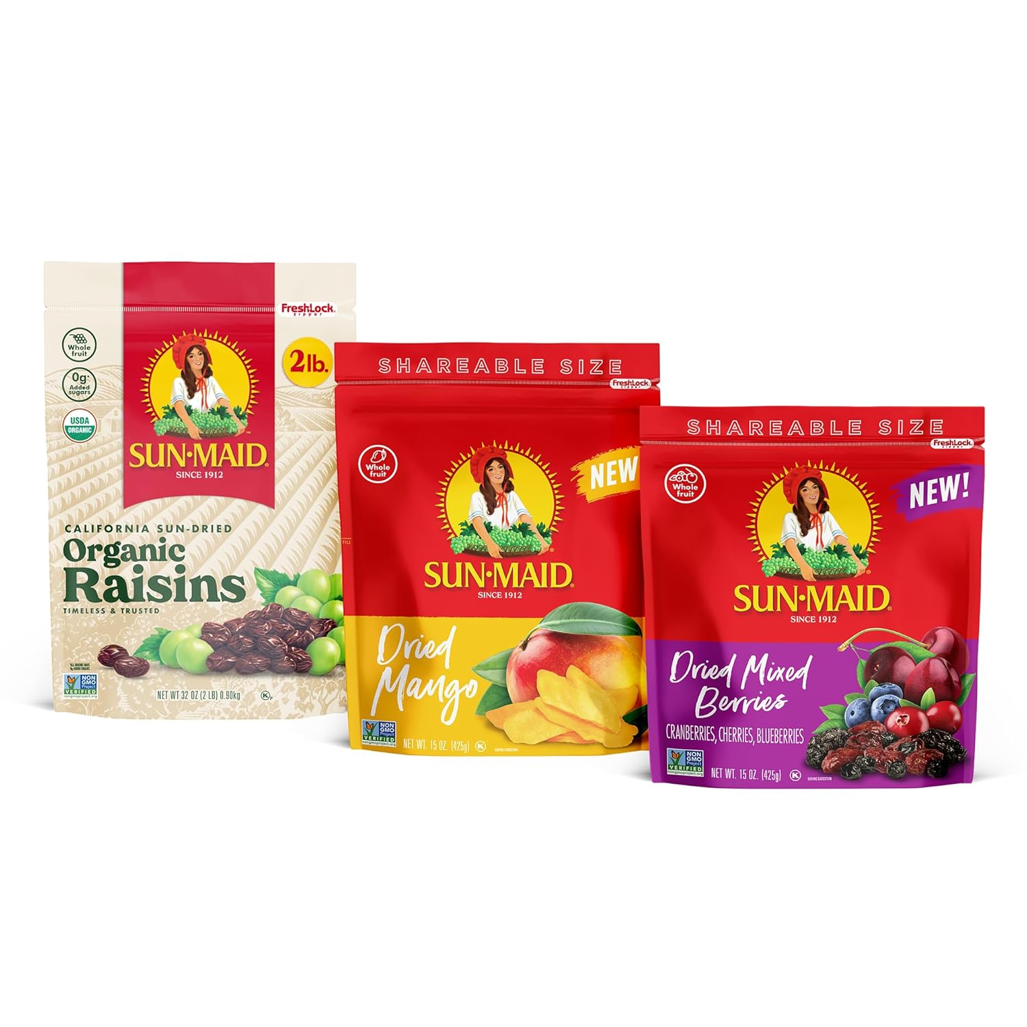 Sun-Maid Organic California Sun-Dried Raisins, 32Oz | Dried Mixed Berries, 15Oz | Dried Mangos, 15Oz