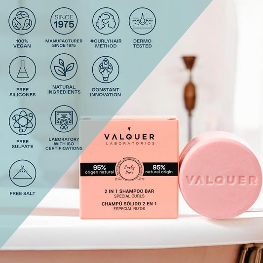 Valquer 2-In-1 Solid Shampoo And Conditioner For Curly Hair With Corn-Derived Active. Defines, Hydrates And Repairs. Natural, Vegan, Curly Method Approved. 70 G