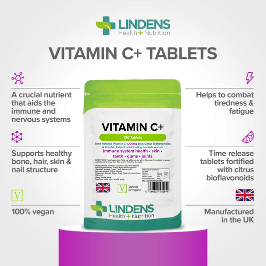 Lindens Vitamin C+ 1000Mg - 120 Tablets - Time Release Tablets With Citrus Bioflavonoids And Rosehip - Contributes To Immune System Health, Reduces Tiredness And Supports Healthy Skin And Teeth