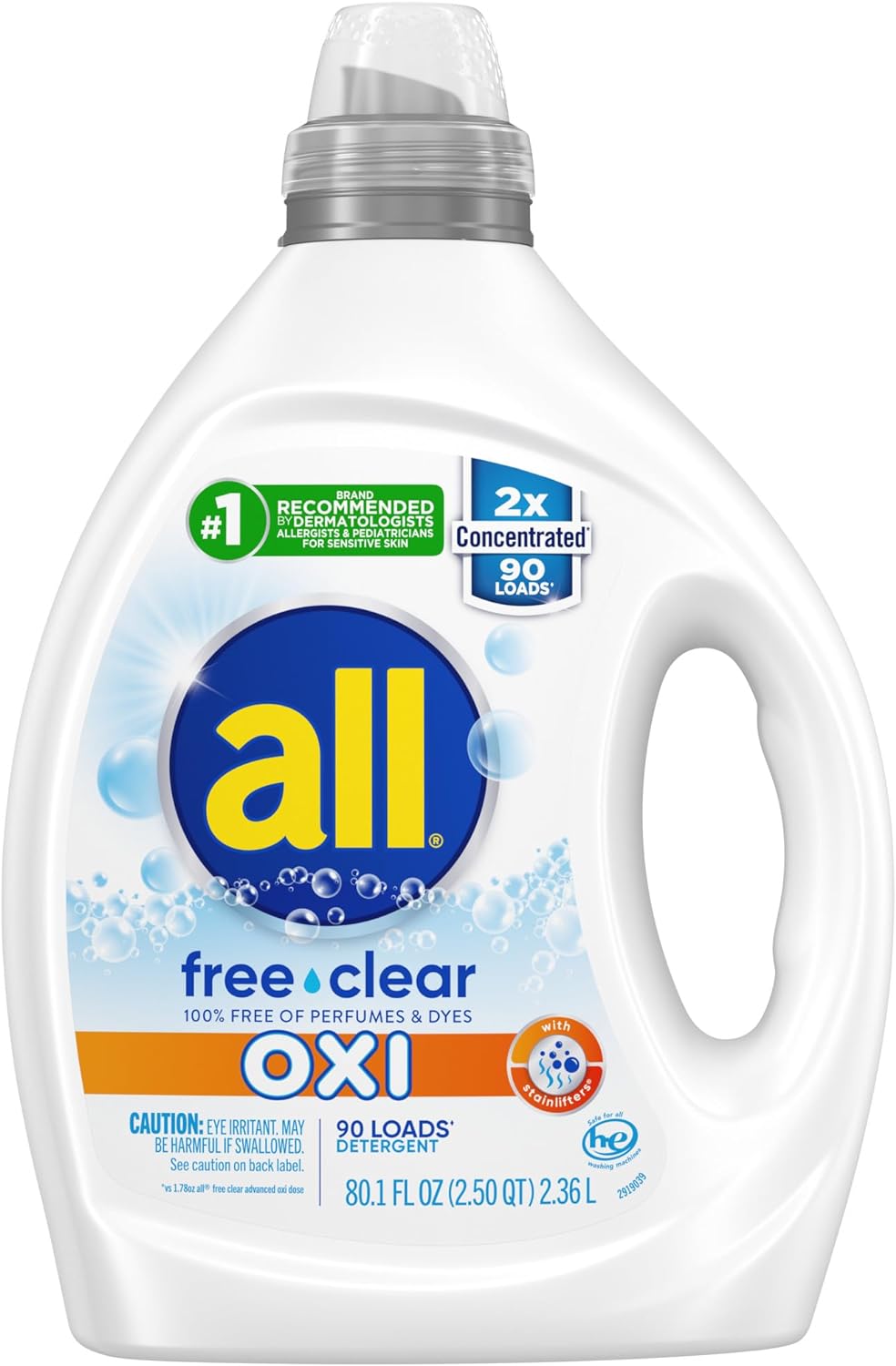 All Liquid Laundry Detergent, Free Clear For Sensitive Skin With Oxi, Unscented And Hypoallergenic, 2X Concentrated, 90 Loads