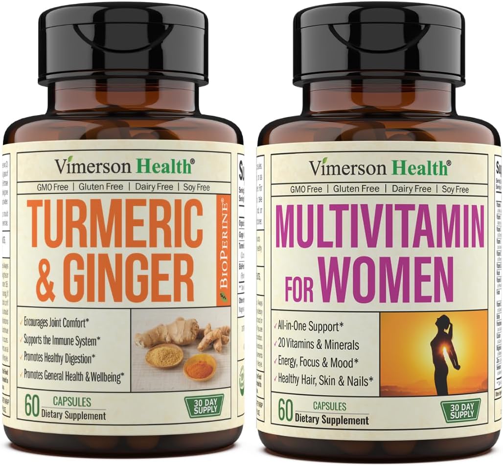 Vimerson Health Turmeric Ginger + Women's Multivitamin Bundle. Immune Support and Balanced Inflammatory Response. Joint and Cartilage Comfort, Digestive, Heart and Breast Health