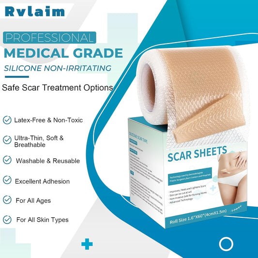 Silicone Scar Sheets, Silicone Scar Tape(1.6”X 60” Roll-1.5M), Silicone Scar Strips, Professional Scar Removal Sheets For Surgical Scars, Keloid, C-Section, Burn Et