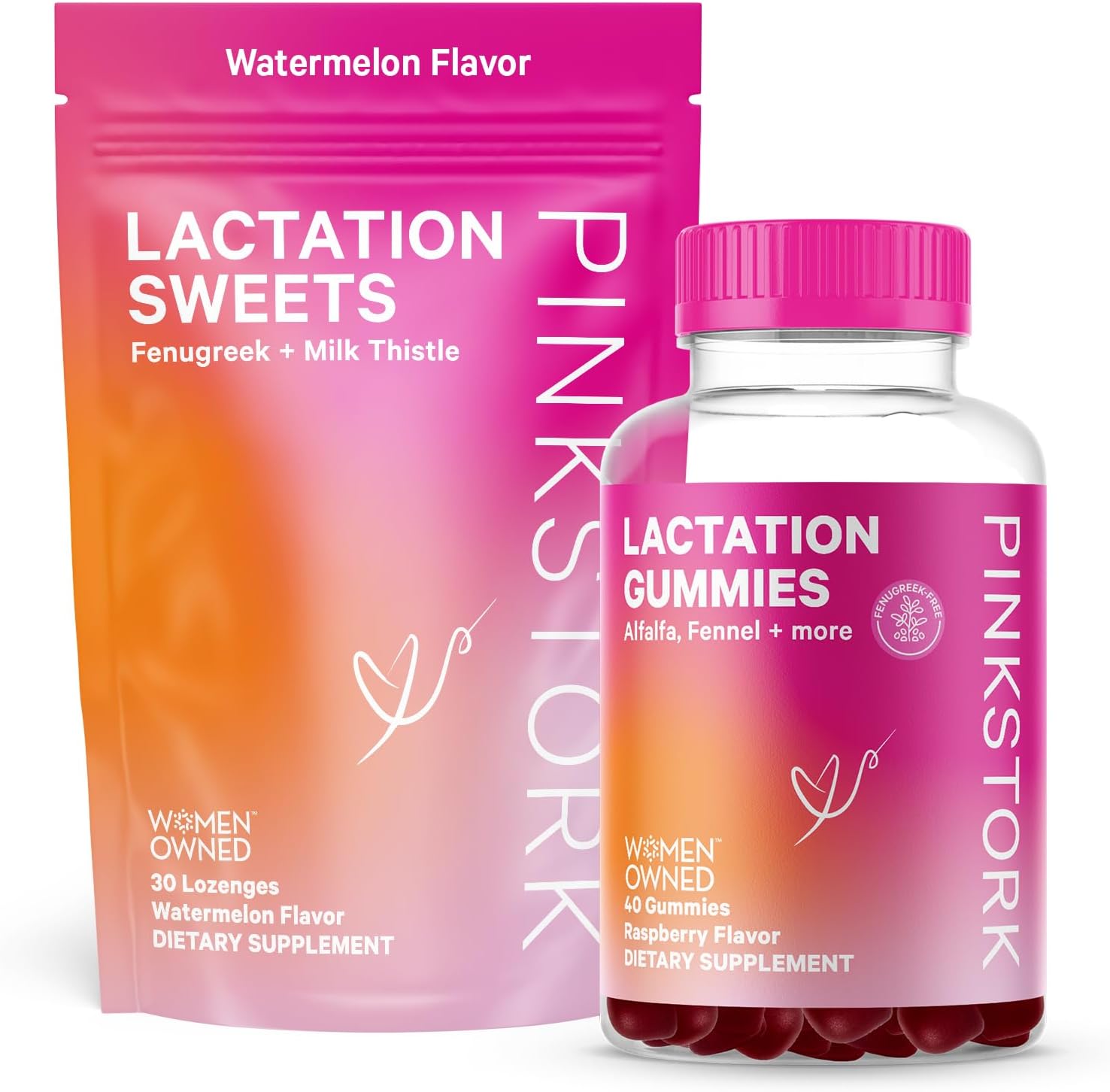 Pink Stork Lactation Gummies and Sweets Supplement Duo for Breast Milk Supply, Breastfeeding Snacks with with Milk Thistle, Alfalfa, and Fenugreek, Essentials for Nursing or Pumping, Duo