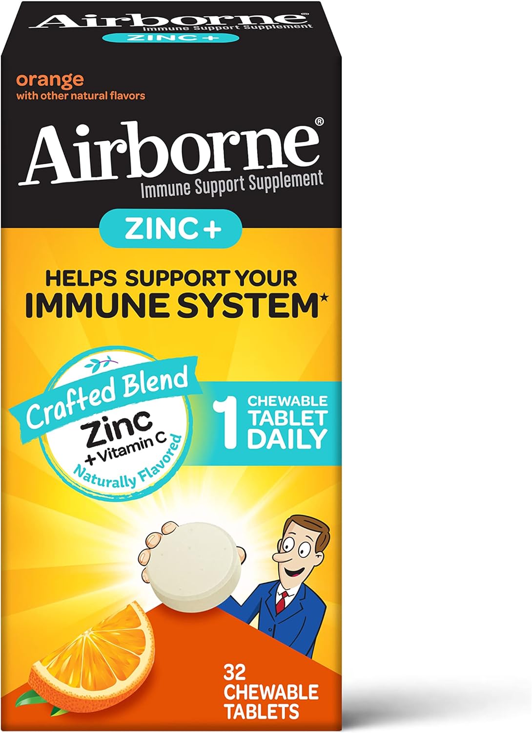 Airborne Vitamin C + Zinc Chewable Tablets, Chewable Zinc Immune Support Supplement - Non-GMO, Gluten & Gelatin Free, No Color Added, Naturally Flavored - 32 Chewable Tablets, Orange Flavor