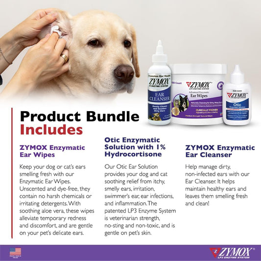 Zymox Enzymatic Ear Wipes, Ear Cleanser, & Otic Ear Solution For Dogs And Cats - Product Bundle - For Dirty, Waxy, Smelly Ears And To Soothe Ear Infections, 100 Ct, 8 Oz And 1.25 Oz