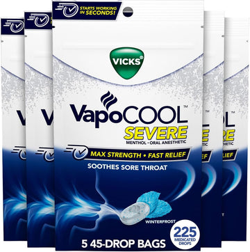 Vicks Vapocool Max Strength Sore Throat Drops, Fast Relief, Soothes Pain From Cough, Menthol, Winterfrost - 225 Total (5 Packs Of 45)