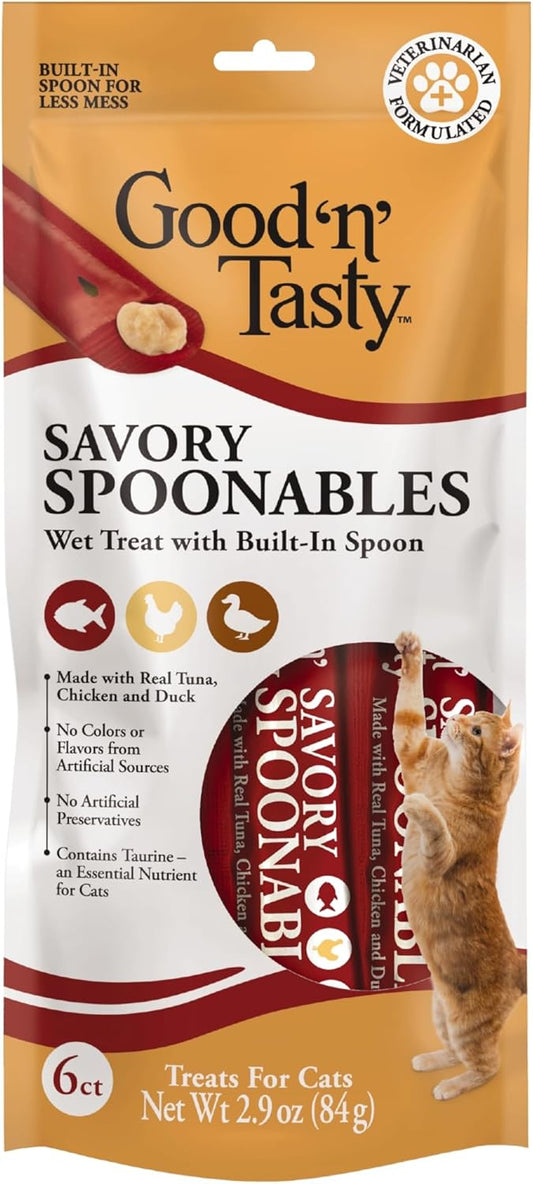 Good 'N' Tasty Savory Spoonables With Real Tuna, Chicken And Duck For Cats, 6 Count, Treat Your Cat To Triple Flavor Squeezable Lickable Wet Treats With Built-In Spoon For Less Mess