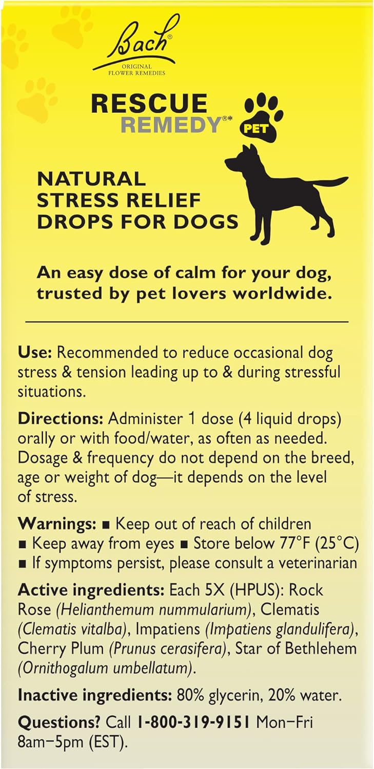 Bach RESCUE REMEDY PET for Dogs 20mL, Natural Calming Drops, Stress Relief for Dogs & Puppies, Caused by Separation, Thunder, Fireworks, Homeopathic Flower Remedy : Pet Supplies