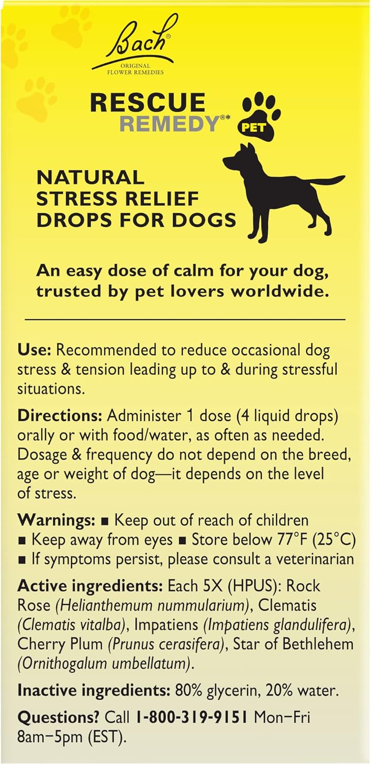 Bach Rescue Remedy Pet For Dogs 20Ml, Natural Calming Drops, Stress Relief For Dogs & Puppies, Caused By Separation, Thunder, Fireworks, Homeopathic Flower Remedy : Pet Supplies