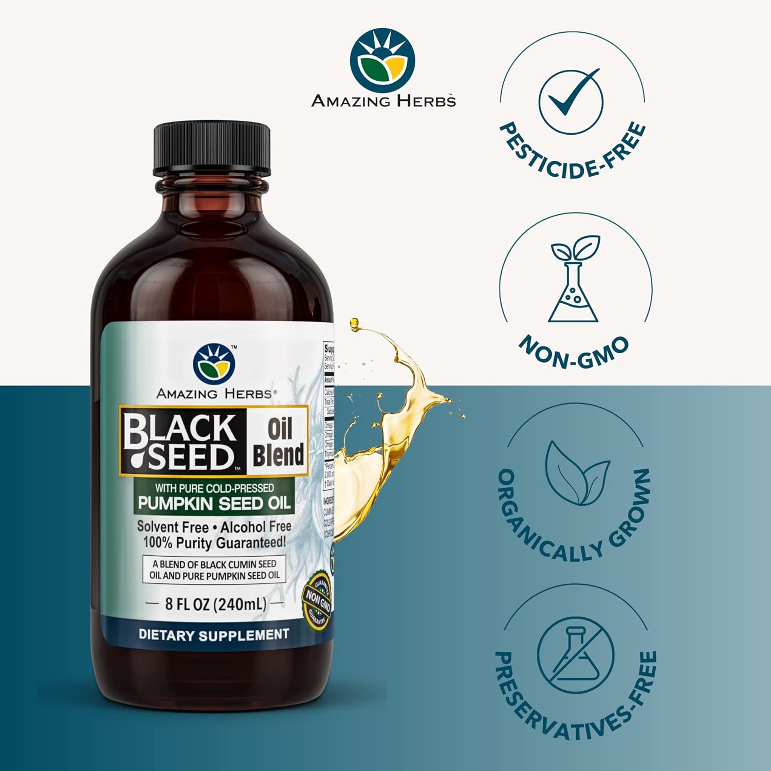 Amazing Herbs Black Seed and Pumpkin Seed Cold-Pressed Oil Blend - Gluten-Free, No Preservatives, High in Omega 3, 6, & 9, Improves Immune Respones & Promotes Digestive Health - 8 Fl Oz : Health & Household