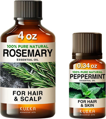 Rosemary Oil For Hair (4 Fl Oz) & Peppermint Oil For Hair (0.34 Fl Oz) Set - 100% Natural Aromatherapy Grade Essential Oils Set - Kukka