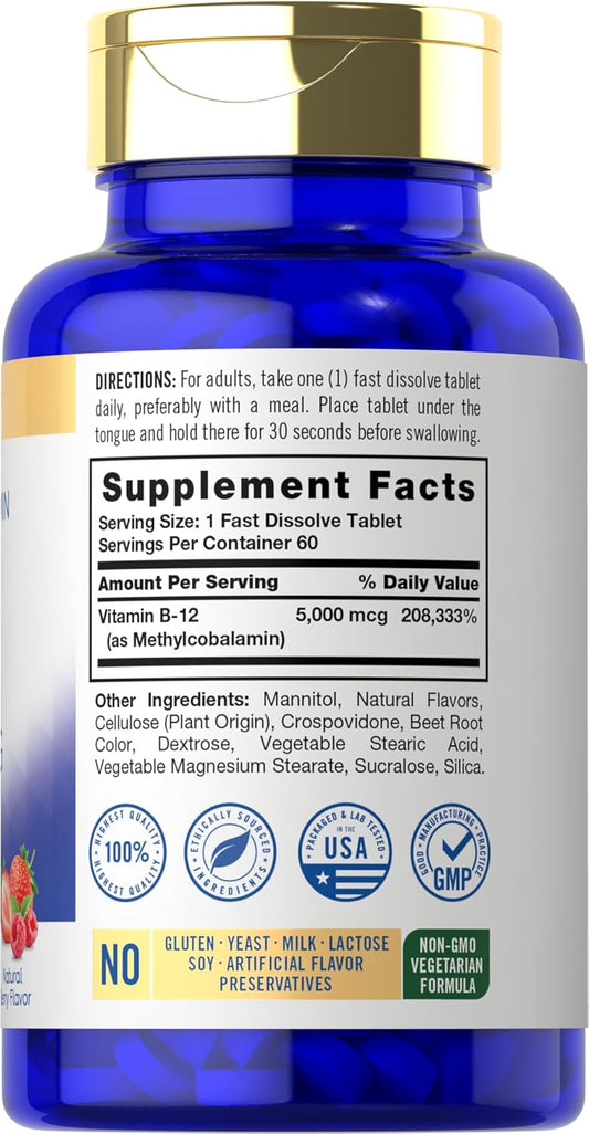 Carlyle Vitamin B-12 5000Mcg | 60 Fast Dissolve Tablets | For Adults | Vegetarian, Non-Gmo & Gluten Free | Methylcobalamin Supplement