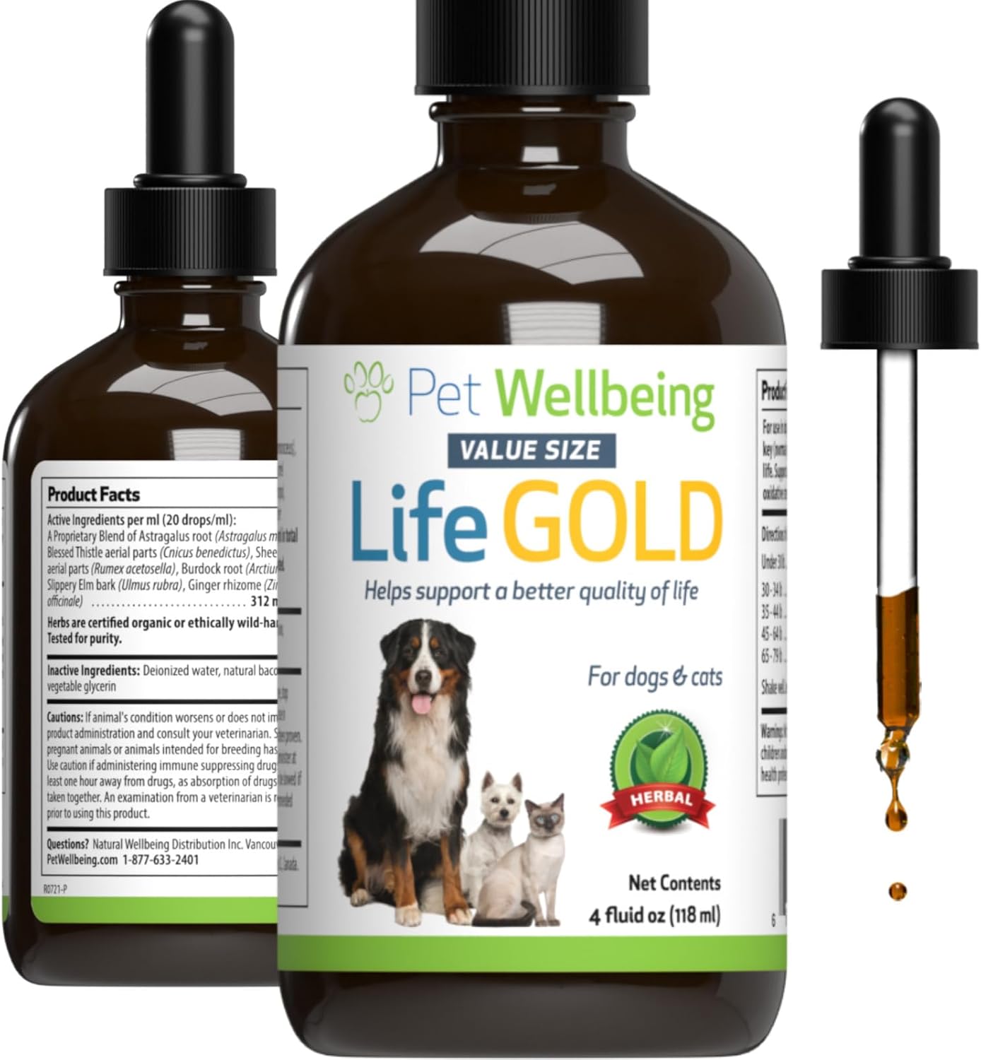 Pet Wellbeing Life Gold For Dogs & Cats - Immune Support, Antioxidants, Detoxification, Cellular Health, Astragalus, Blessed Thistle - Veterinarian-Formulated Herbal Supplement 4 Oz (118 Ml)