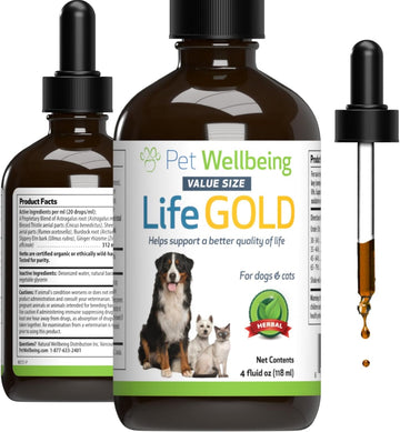 Pet Wellbeing Life Gold For Dogs & Cats - Immune Support, Antioxidants, Detoxification, Cellular Health, Astragalus, Blessed Thistle - Veterinarian-Formulated Herbal Supplement 4 Oz (118 Ml)