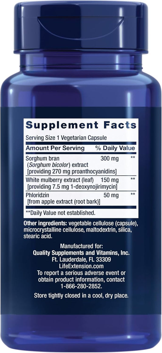 Life Extension Tri Sugar Shield - Promote Healthy Glucose Metabolism - Sorghum Bran, White Mulberry And Phloridzin Apple Extract - Gluten Free, Non-Gom, Vegetarian - 60 Capsules