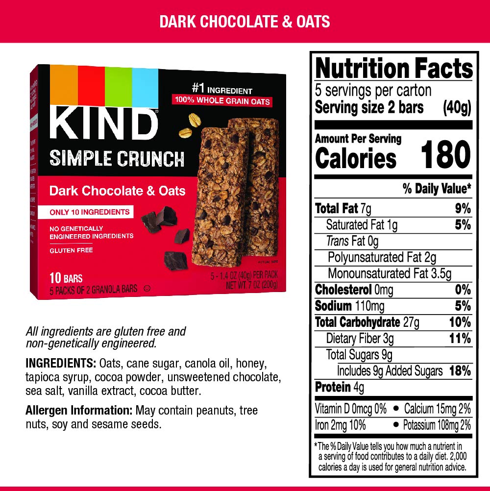 KIND Simple Crunch Bars, Dark Chocolate & Oats, 56 Oz, 40 Count, Pack of 8 : Grocery & Gourmet Food