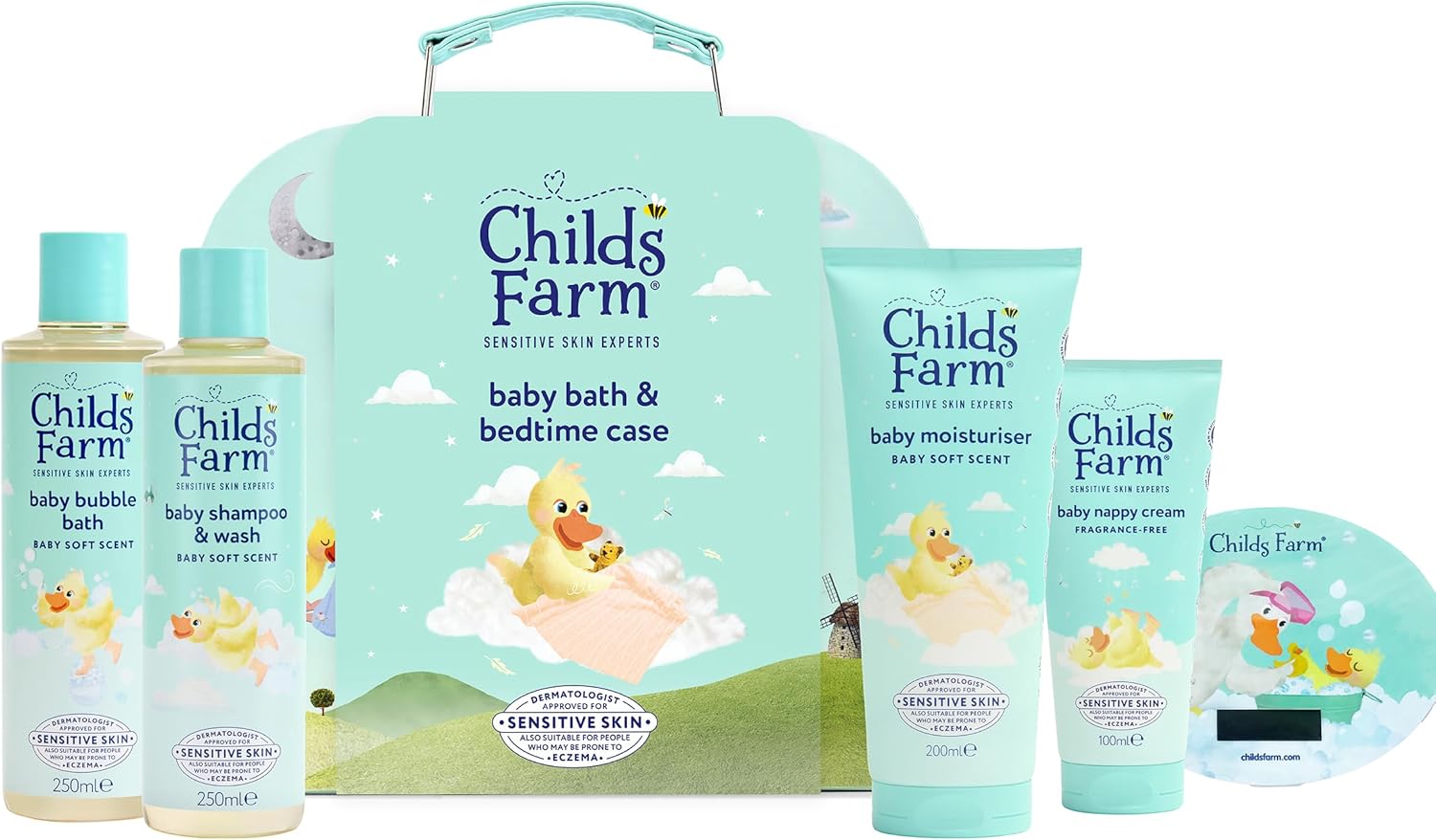 Childs Farm Baby Suitcase Gift | Baby Bubble Bath (250Ml), Shampoo & Body Wash (250Ml), Moisturiser (200Ml) & Nappy Cream (100Ml) | Suitable For Newborns With Sensitive, Dry, Itchy Skin