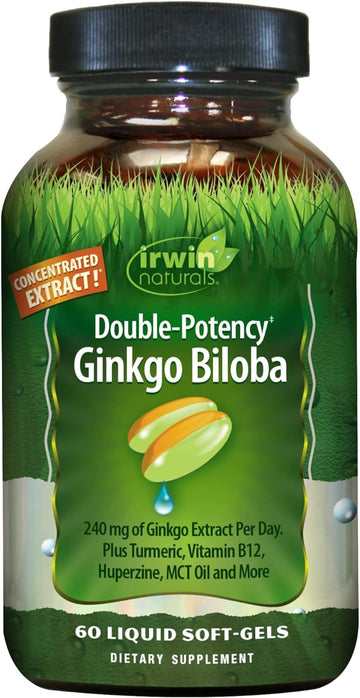 Irwin Naturals Double-Potency Ginkgo Biloba 240Mg Extra Strength Brain Health Supplement - Enhance Memory, Mental Focus, Alertness, Concentration & Herbal Energy Booster - 60 Liquid Softgels