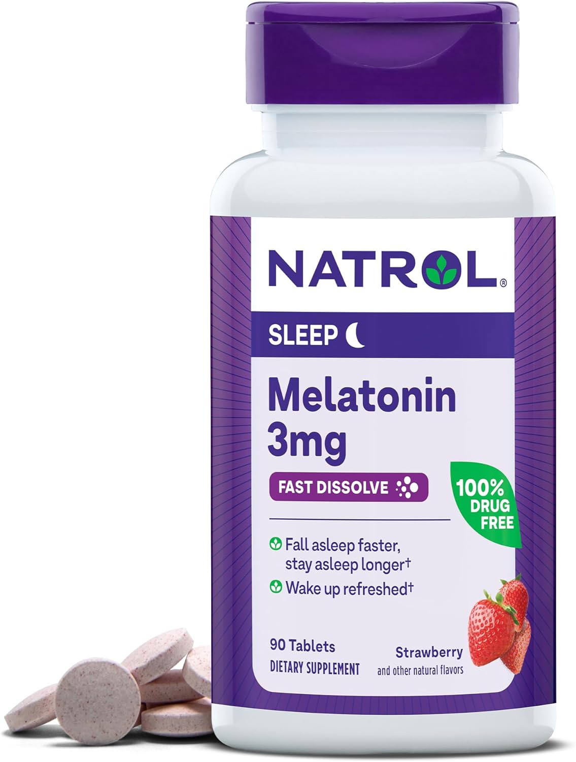 Natrol Melatonin 3mg, Strawberry-Flavored Dietary Supplement for Restful Sleep, 90 Fast-Dissolve Tablets, 90 Day Supply