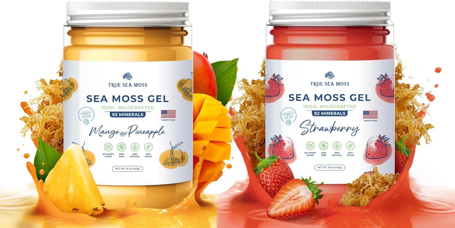 TrueSeaMoss Wildcrafted Irish Sea Moss Gel Mango and Strawberry Bundle Organic Raw Seamoss Rich in Minerals, Proteins & Vitamins