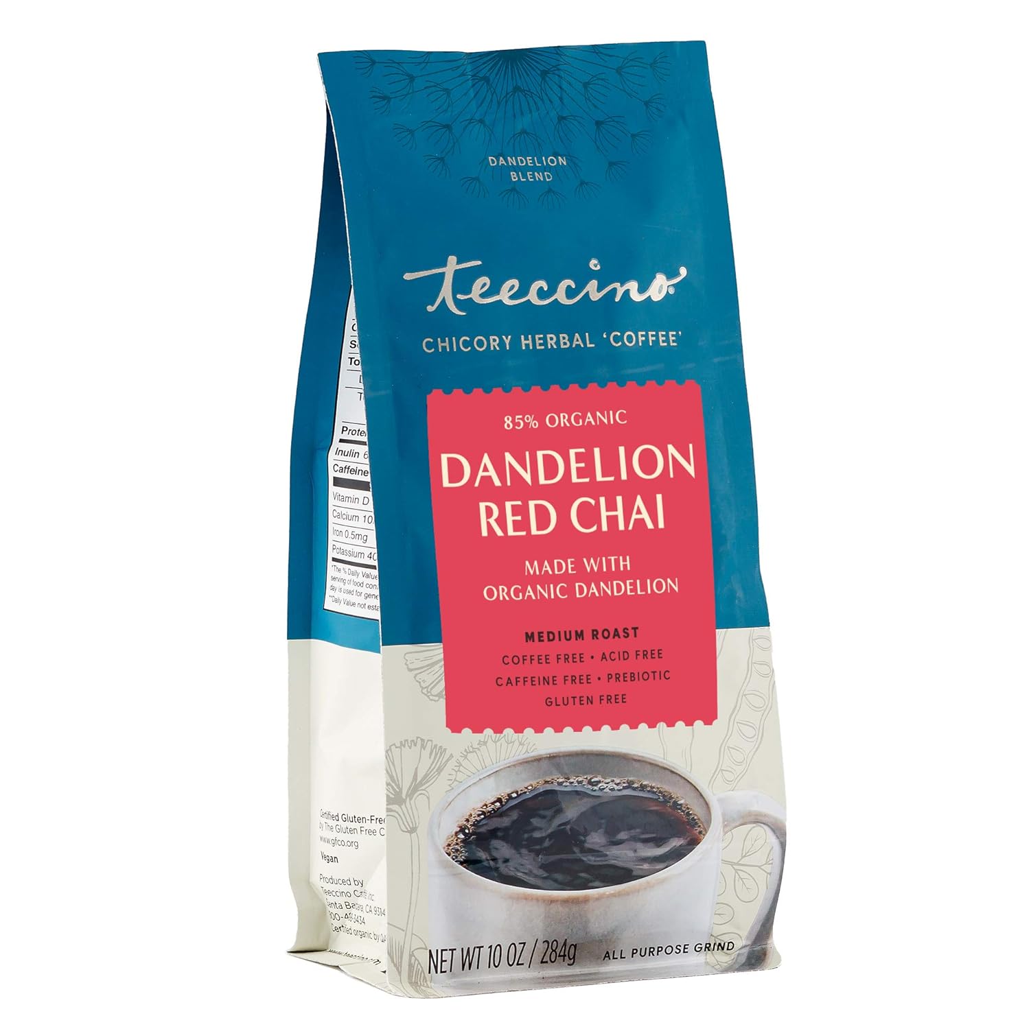 Teeccino Dandelion Red Chai Herbal Coffee - Caffeine-Free Coffee Alternative With Prebiotics, Gluten Free, Acid Free - Medium Roast, 10 Oz