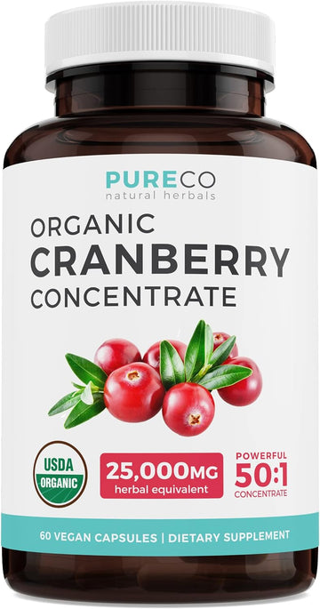 Organic Cranberry Pills - 50:1 Concentrate Equals 25,000mg of Fresh Cranberries (Vegan) for Urinary Tract Health & Kidney Cleanse - Cranberry Pills for Women - UTI Support Supplement