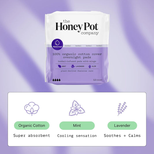 The Honey Pot Company - Herbal Overnight Pads with Wings. Infused w/Essential Oils for Cooling Effect, Organic Cotton Cover, and Ultra-Absorbent Pulp Core -Feminine Care- 12 ct