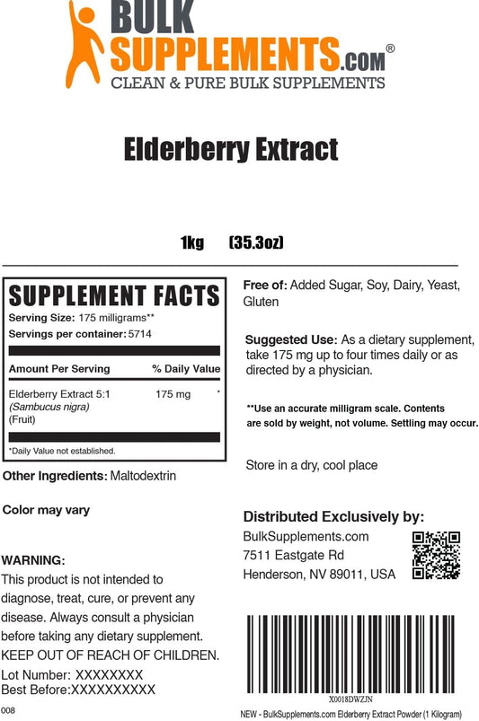BULKSUPPLEMENTS.COM Elderberry Extract Powder - Elderberry Supplements - Black Elderberry - Elderberry Powder - Immune Support - 175mg of Elderberry Extract per Serving (1 Kilogram - 2.2 lbs)