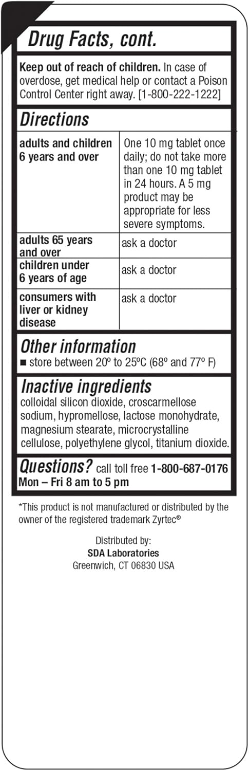 Sda Laboratories All Day 24-Hour Allergy Medicine 100 Count Antihistamine For Allergies, Pollen, Hay Fever, Dry, Itchy Eyes | Cetirizine Hcl 10Mg Tablets
