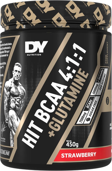Dy Nutrition Hit Bcaa 4:1:1 + Glutamine, 450G, 30 Servings (Strawberry Flavour) Branch Chain Amino Acid Powder Drink For Optimal Pump & Performance | Pre & Intra Workout Supplement
