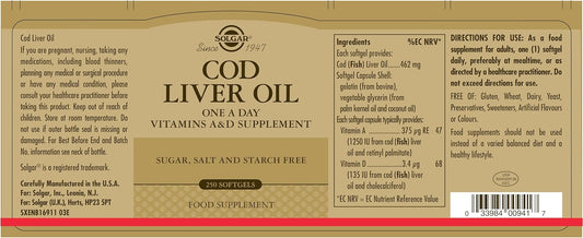 Solgar Cod Liver Oil, 250 Softgels - Supports Healthy Immune System, Healthy Eyes & Vision & Bone Health - Vitamin A & D Supplement -, Gluten Free, Dairy Free - 250 Servings